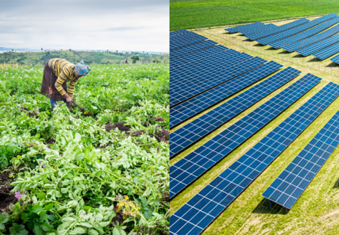 A split image showing an African woman farming in a lush field on the left and a large solar panel farm on the right.A split image showing an African woman farming in a lush field on the left and a large solar panel farm on the right