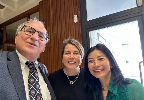 Kenneth Strzepek with Mass. Gov. Maura Healey and Social Finance CEO Tracy Palandjian