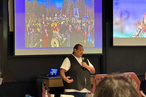 Rueben George photo: In a session entitled “Xa xah Xechnging: A Sacred Obligation in a Time of Climate Chaos,” Sundance Chief Rueben George, a board member of Se’Si’Le, recounted the role of Indigenous culture in energizing the campaign he led against the development of the Trans Mountain Pipeline, a fossil fuel megaproject on Tsleil-Waututh Nation territories in British Columbia. (Photo by Chris Walley)