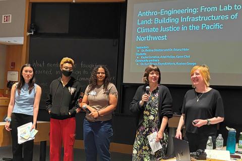 Presenters for the session “Anthro-Engineering: From Lab to Land – Building Infrastructures of Climate Justice in the Pacific Northwest” included MIT Anthropology students Karen Choi, Ariel McGee and Kaylie Cornelius; and MIT Associate Professor of Anthropology Bettina Stoetzer and MIT Anthropology postdoctoral associate Briana Meier. (Photo by Chris Walley)