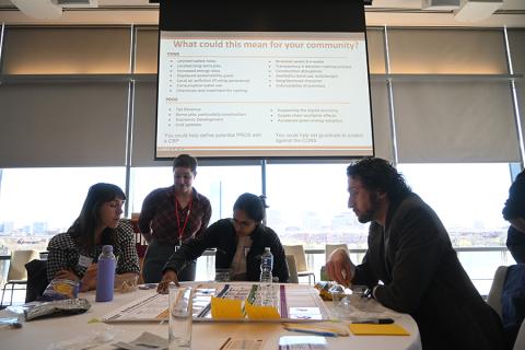 Gathered around several tables, Living Climate Futures Symposium participants worked together to identify potential pros, cons and tradeoffs of allowing a data center to be built in a fictitious community. (Photo by Laura Frye-Levine)