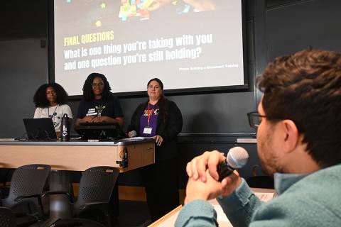 The session “The Work of Repair: Global Perspectives and Methodologies” featured speakers Veronica Coptis, Eliane Lakam and Sophia Andrews Maison, Taproot Earth. (Photo by Laura Frye-Levine)