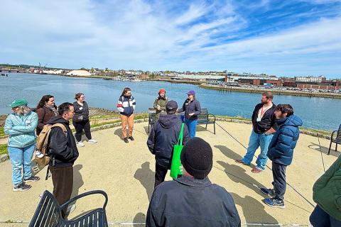 A Stone Living Lab tour enabled symposium participants to visit a living seawall, nature-based flood protection infrastructures, and a community-based flood sensor project as Boston tries to address rising seawater levels. (Photo by Chris Walley)